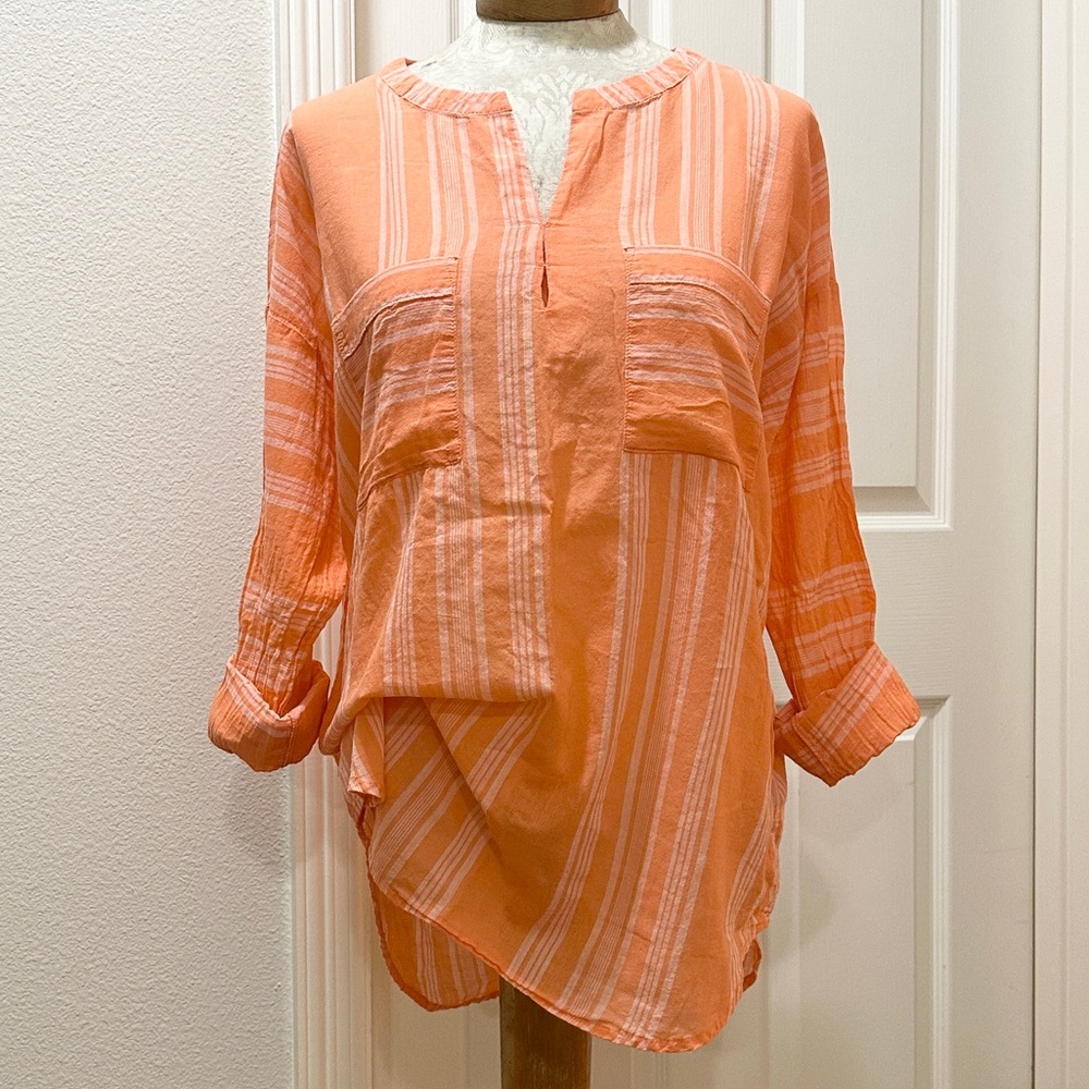Old Navy Women's Long Sleeve Semi-Sheer Striped Orange Pullover Tunic Blouse - L